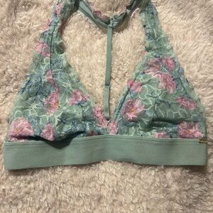 PINK Victoria's Secret Green and Pink Lace Triangle Bra